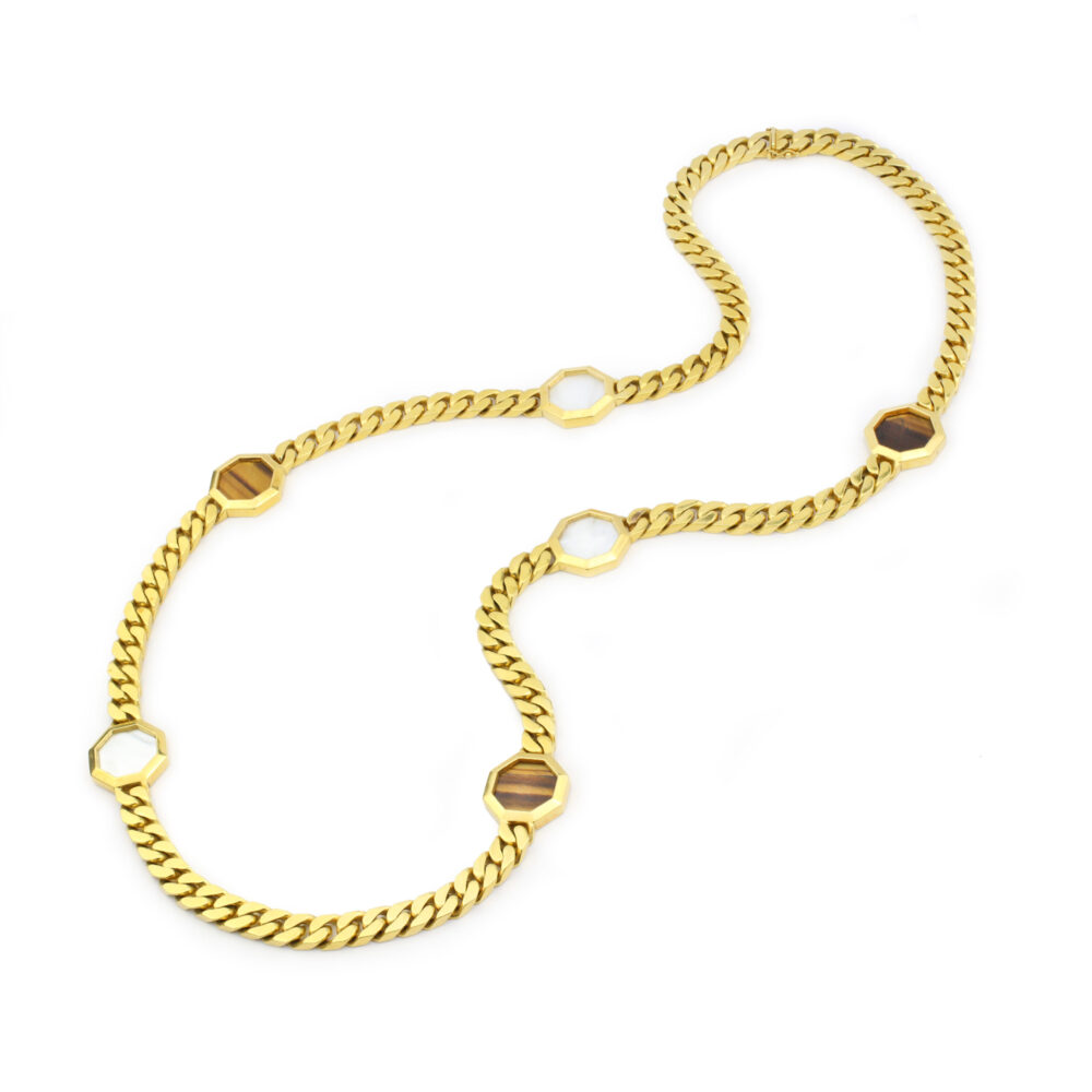 Bulgari Tiger's Eye, Mother of Pearl and Gold Chain Necklace