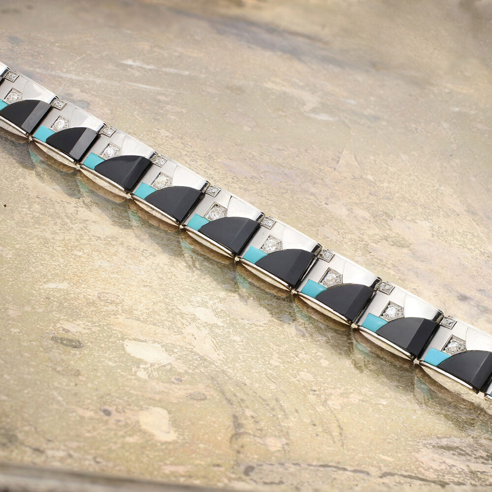Art Deco Turquoise, Onyx and Diamond Bracelet