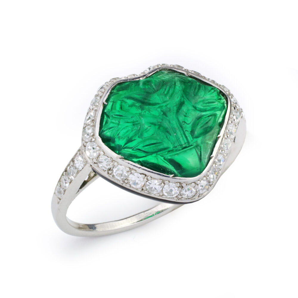 Art Deco Carved Emerald, Diamond and Enamel Ring