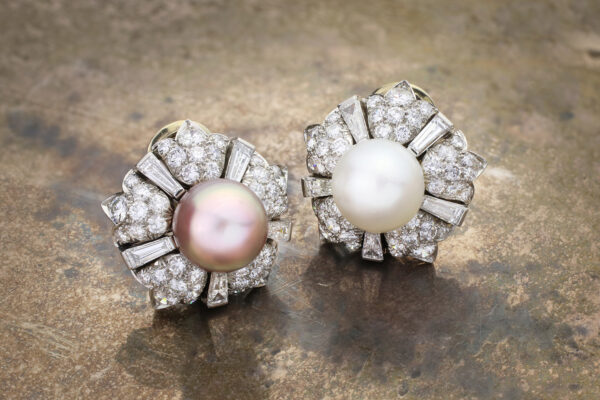 Contrasting Natural Pearl And Diamond Set Ear Clips