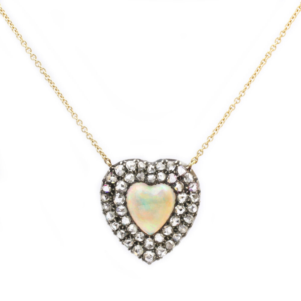 Opal and Diamond Heart Pendant Necklace