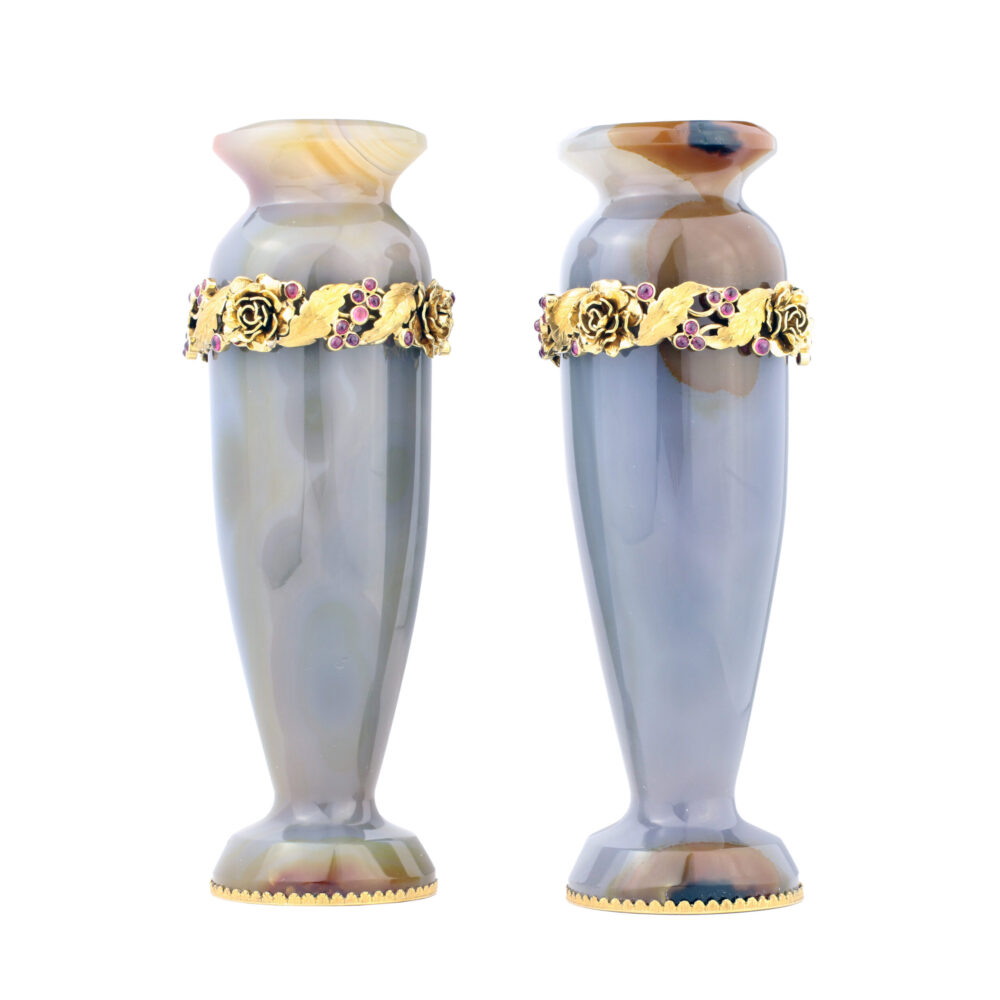 Mid Century Pair of Agate, Sapphire and Gold Vases