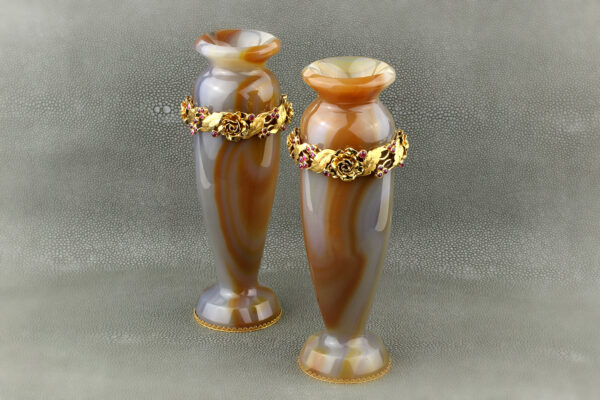 Mid Century Pair of Agate, Sapphire and Gold Vases