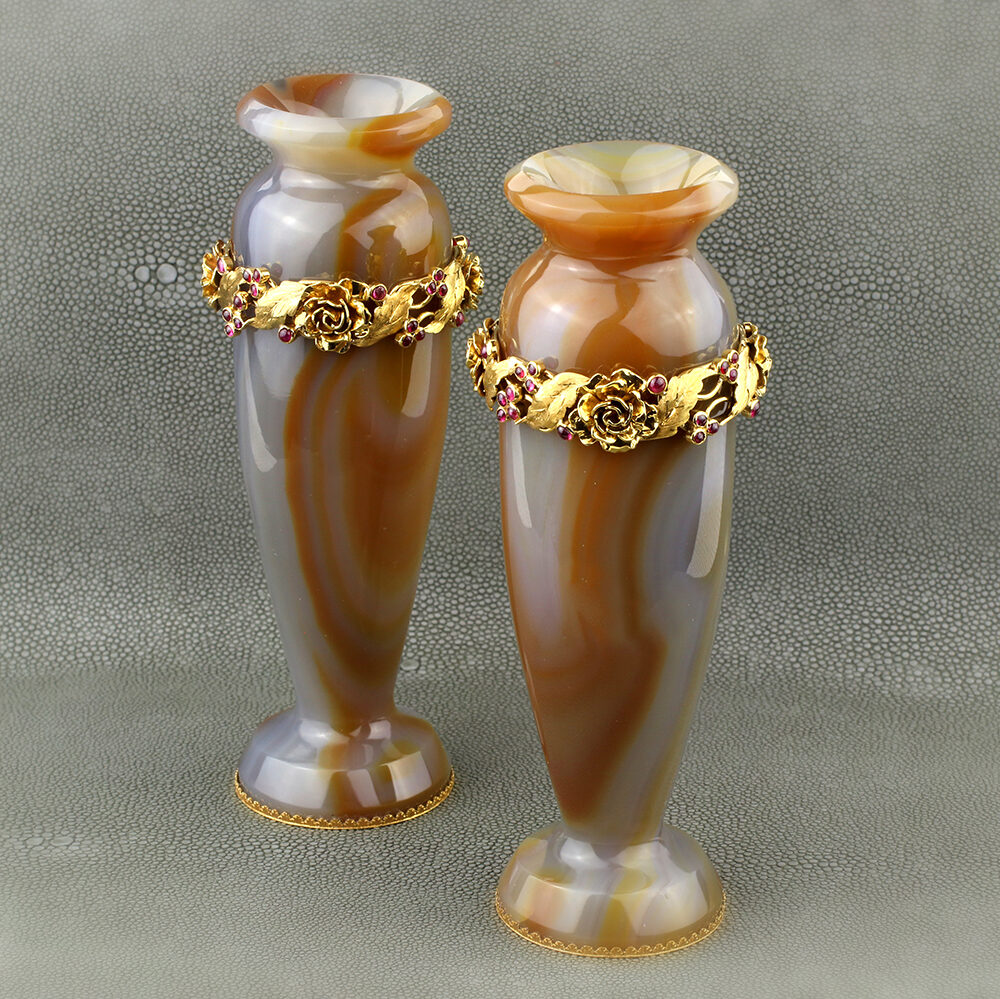 Mid Century Pair of Agate, Sapphire and Gold Vases