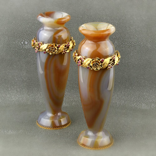 Mid Century Pair of Agate, Sapphire and Gold Vases