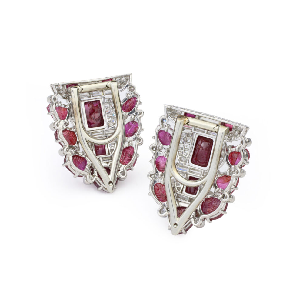 Art Deco Pair of Carved Ruby and Diamond Clip Brooches