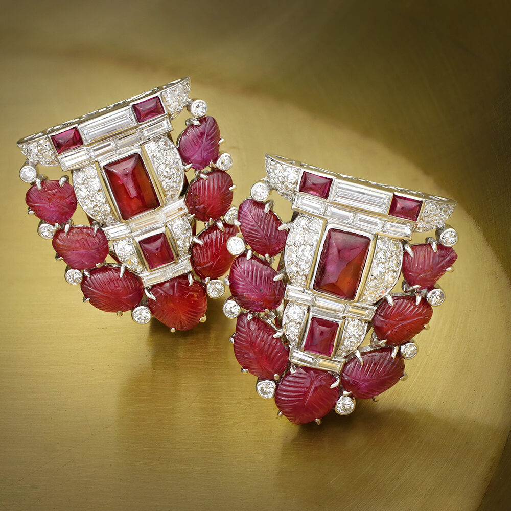 Art Deco Pair of Carved Ruby and Diamond Clip Brooches