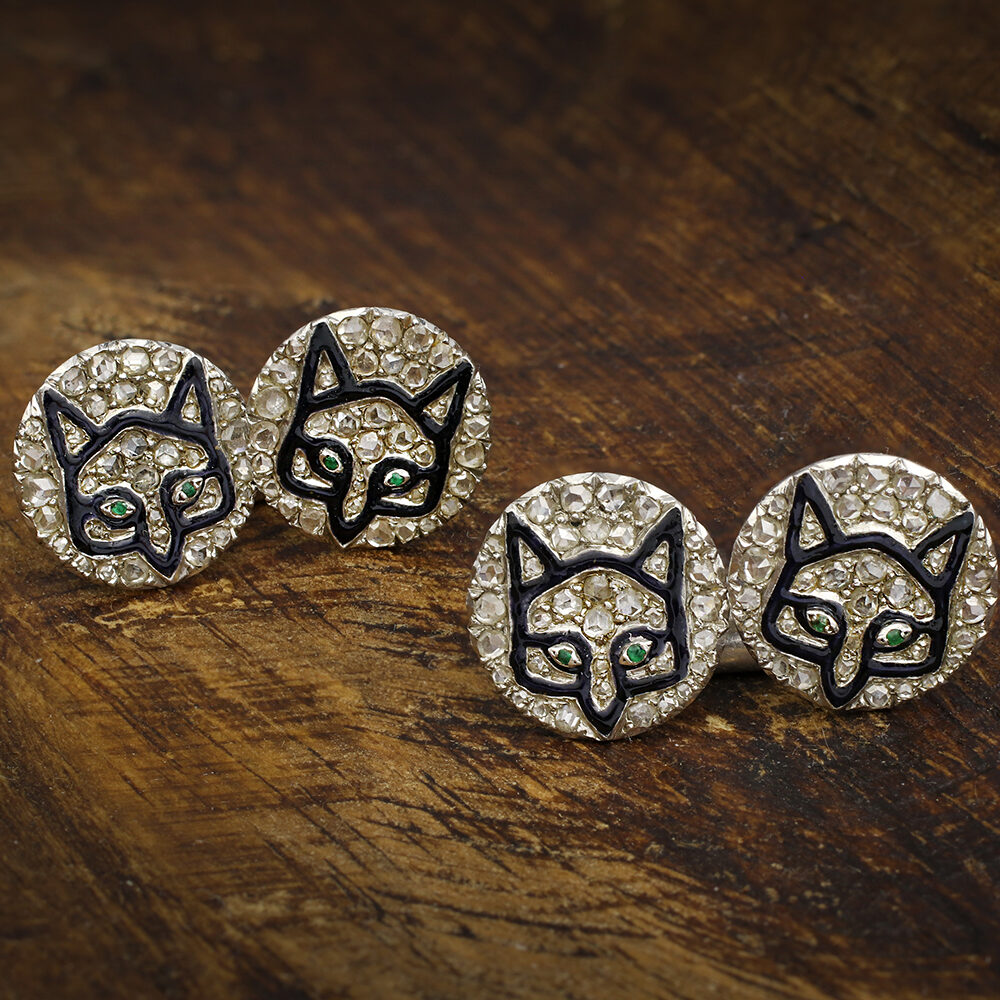 Charles Holl Art Deco Diamond and Enamel Fox Head Cufflinks