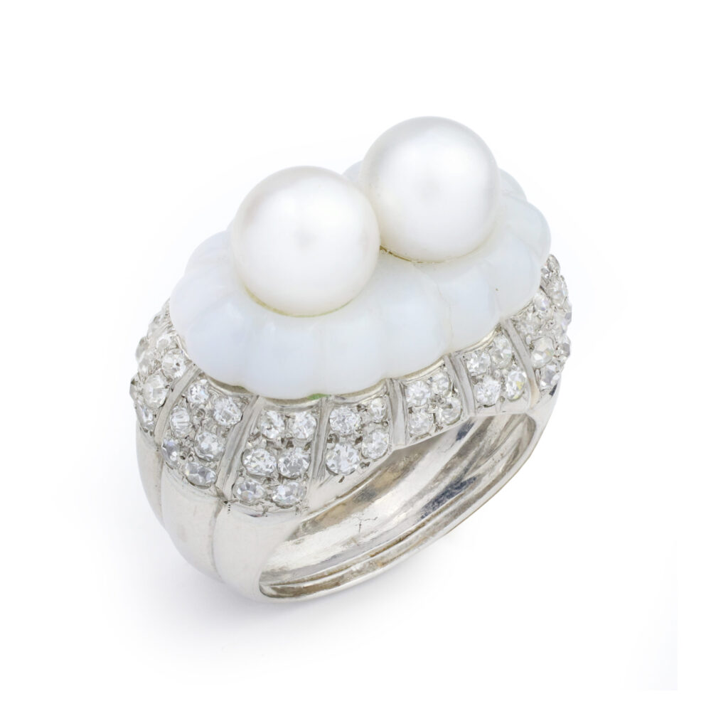 Belperron Natural Pearl, Chalcedony and Diamond Ring