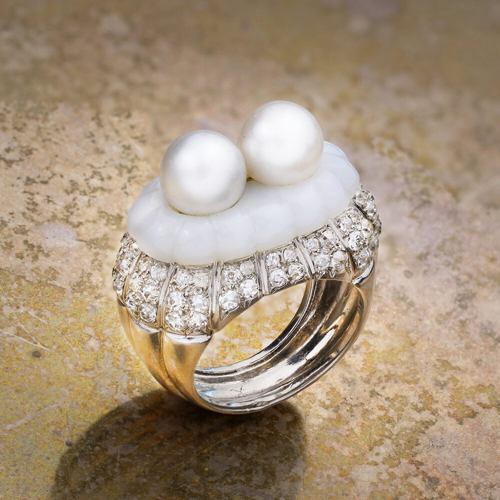 Belperron Natural Pearl, Chalcedony and Diamond Ring