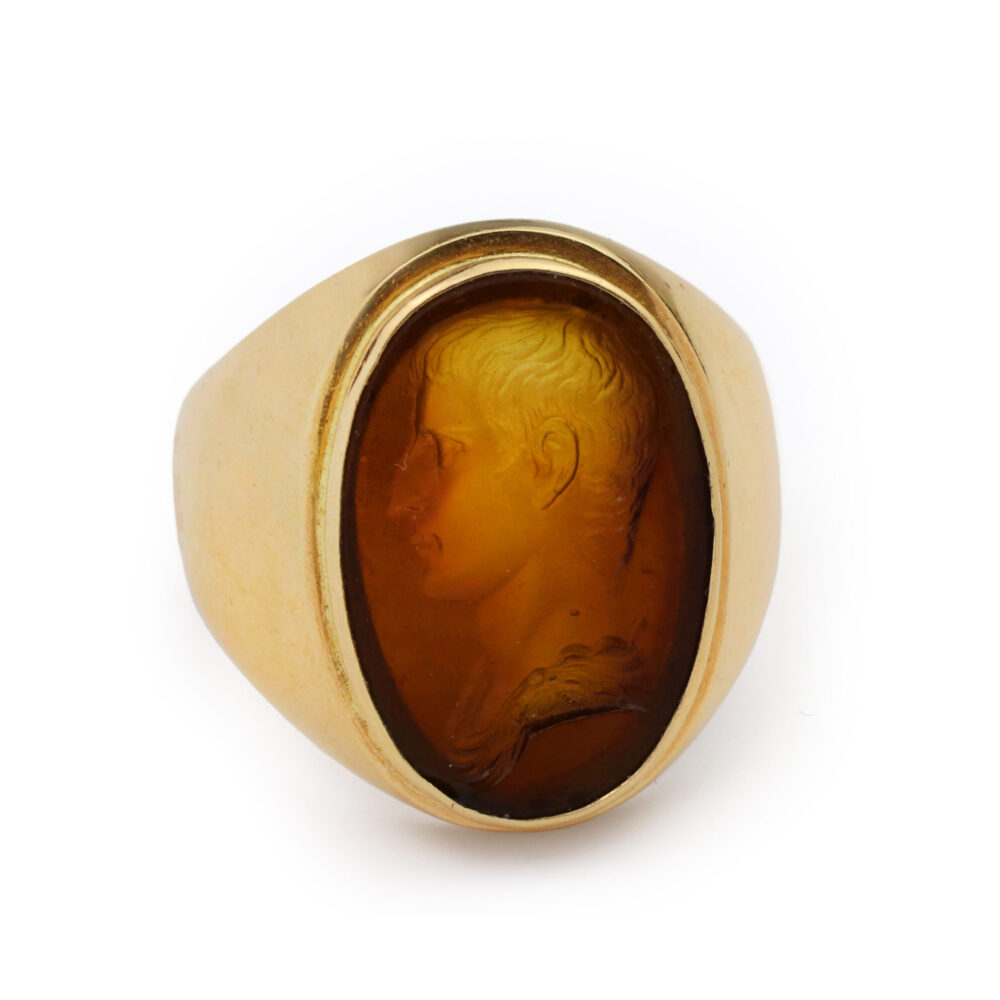 Mid Century Gold and Brown Vitreous Intaglio Ring