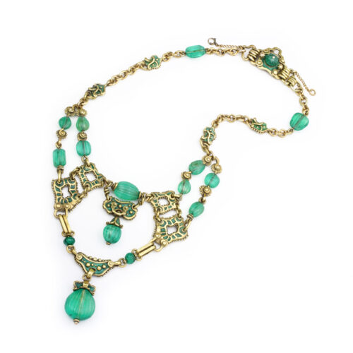 Marcus & Co. Arts and Crafts Emerald and Enamel Gold Necklace
