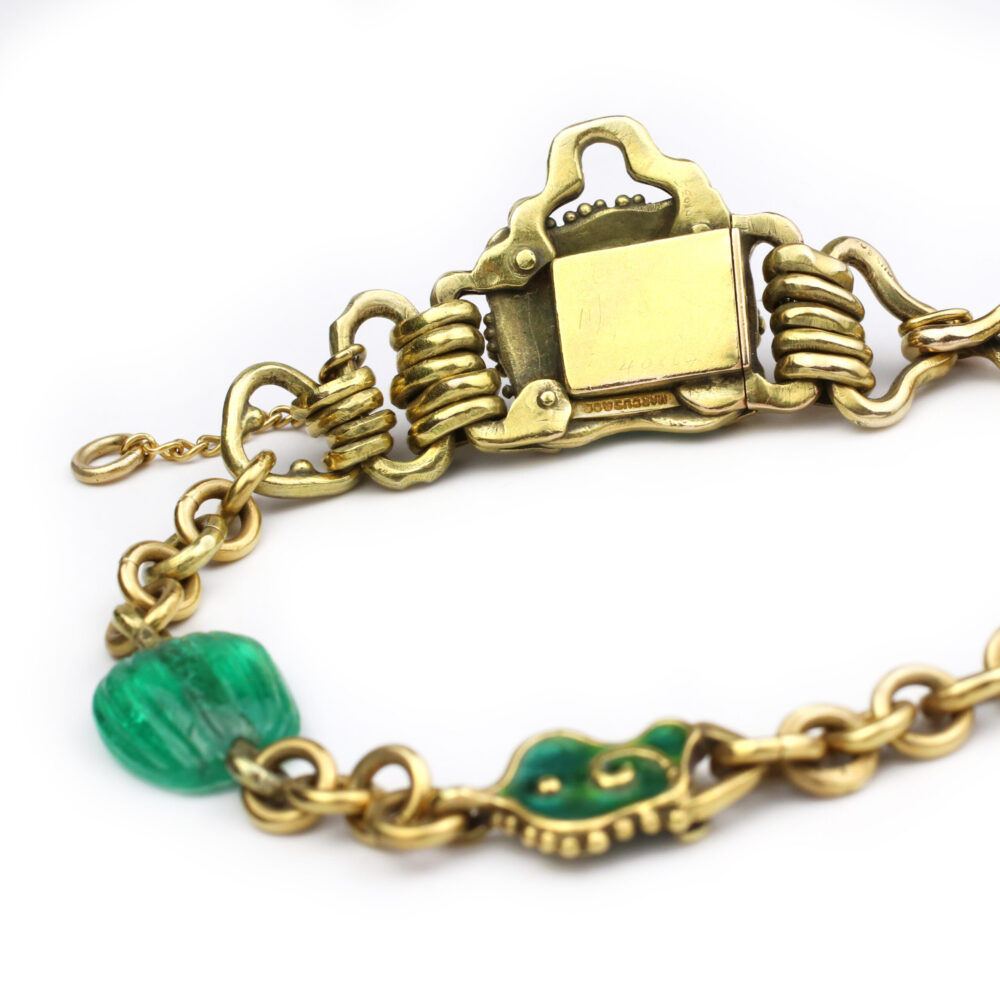 Marcus & Co. Arts and Crafts Emerald and Enamel Gold Necklace