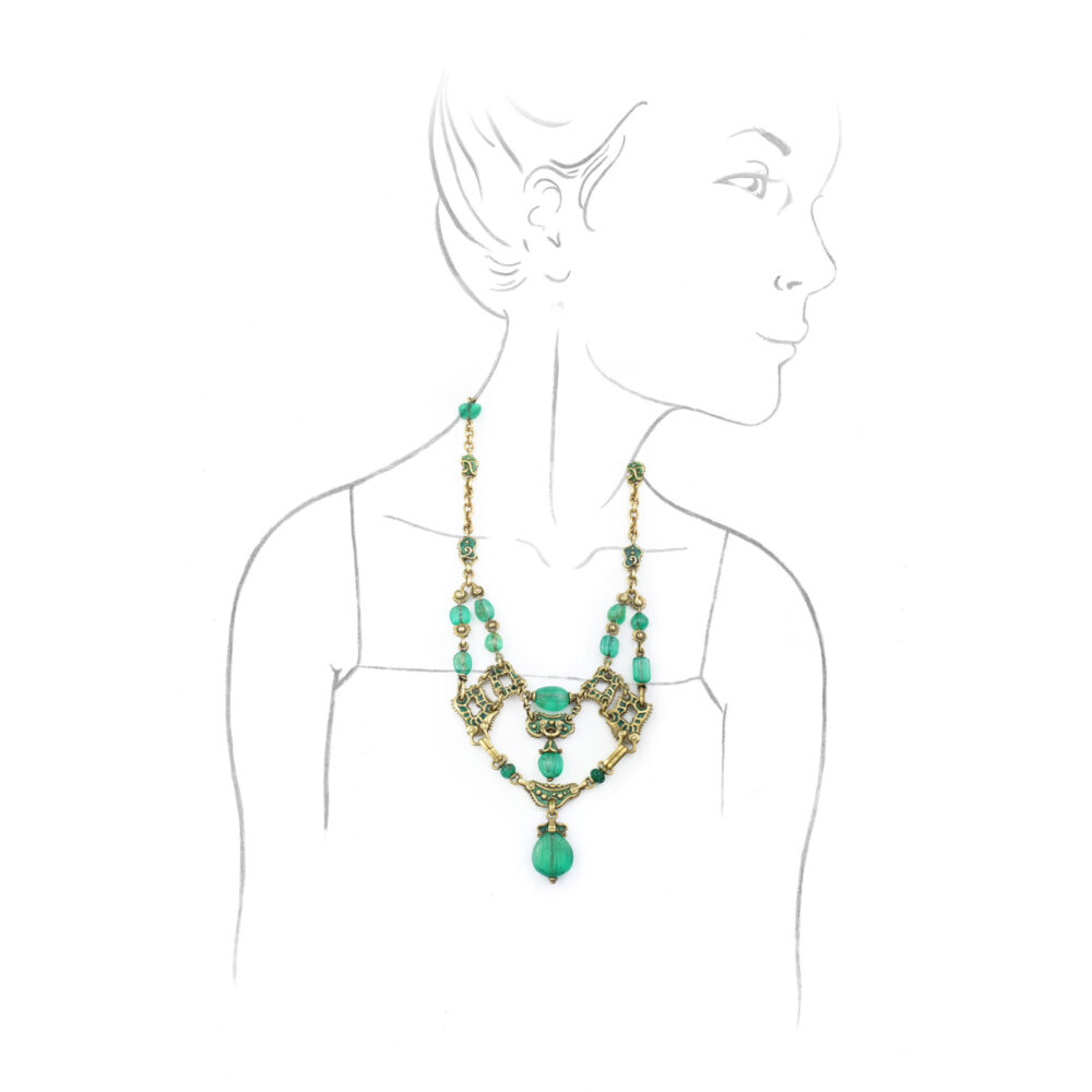 Marcus & Co. Arts and Crafts Emerald and Enamel Gold Necklace