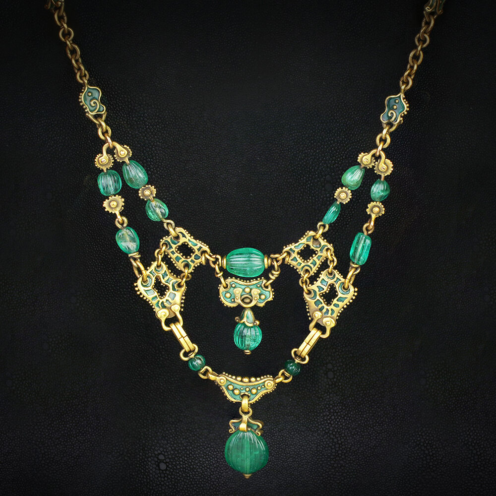 Marcus & Co. Arts and Crafts Emerald and Enamel Gold Necklace