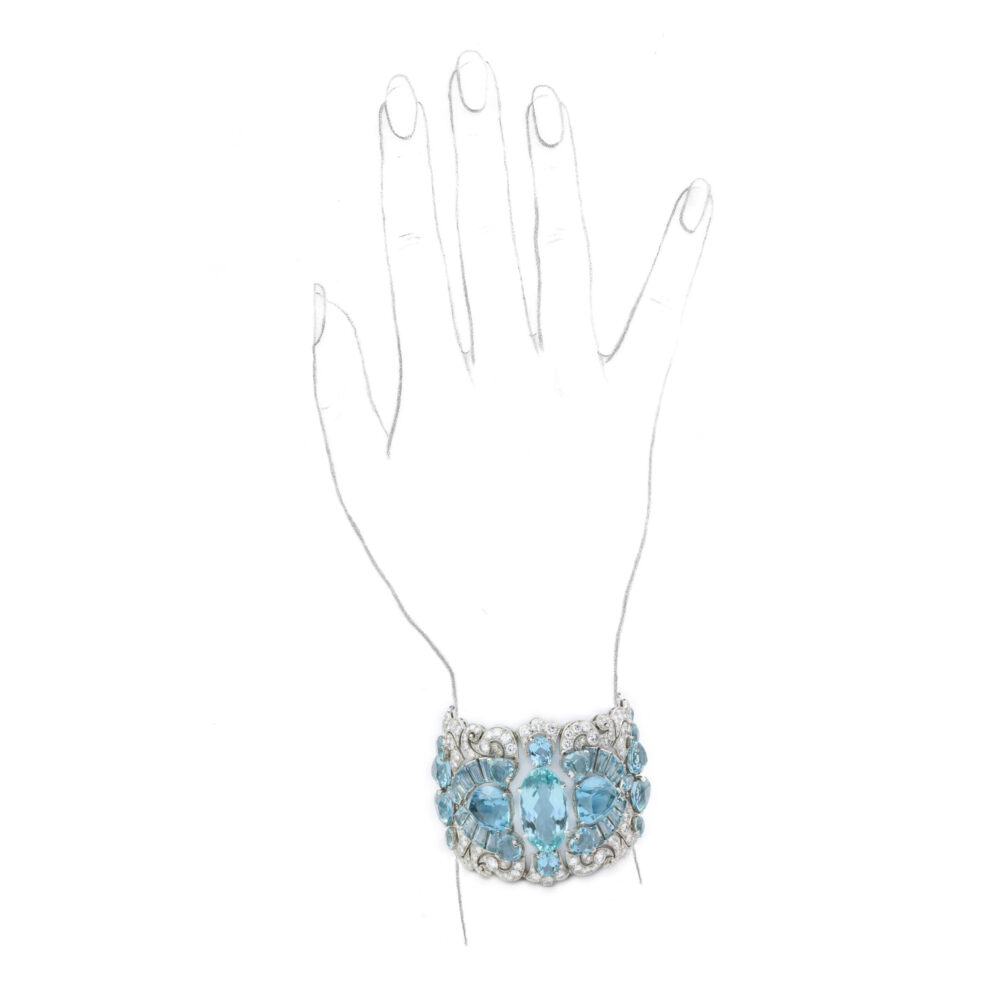 Art Deco Aquamarine and Diamond Wide Bracelet