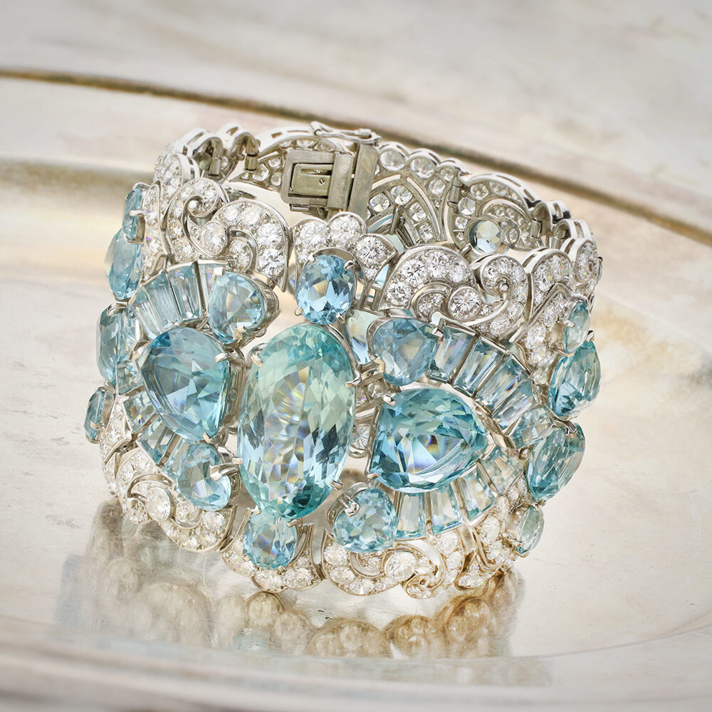 Art Deco Aquamarine and Diamond Wide Bracelet