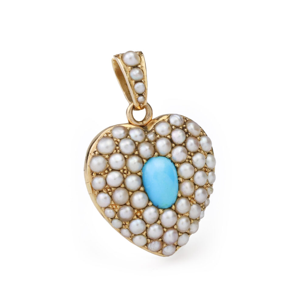 Antique Turquoise and Seed Pearl Heart Locket Pendant