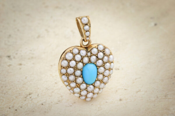 Antique Turquoise And Seed Pearl Heart Locket Pendant