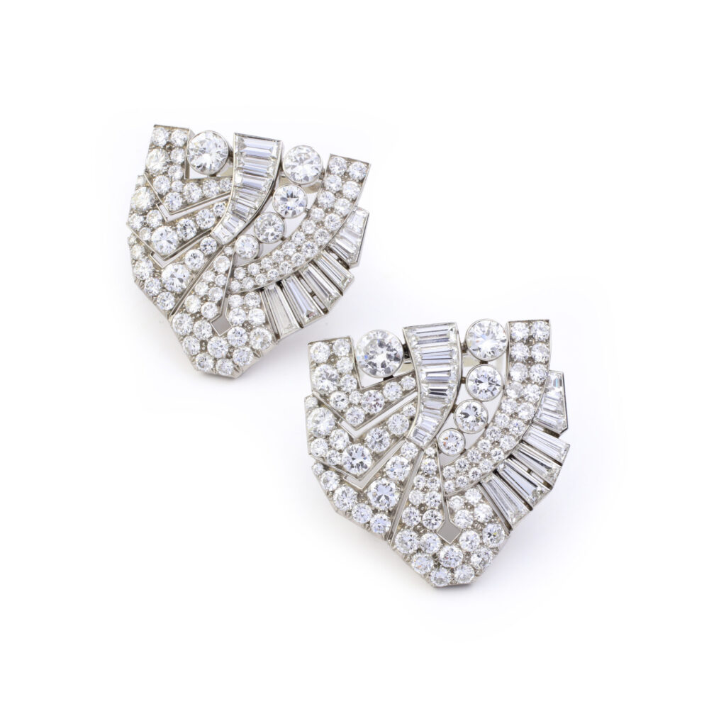 Bulgari Art Deco Pair of Diamond Set Clip Brooches