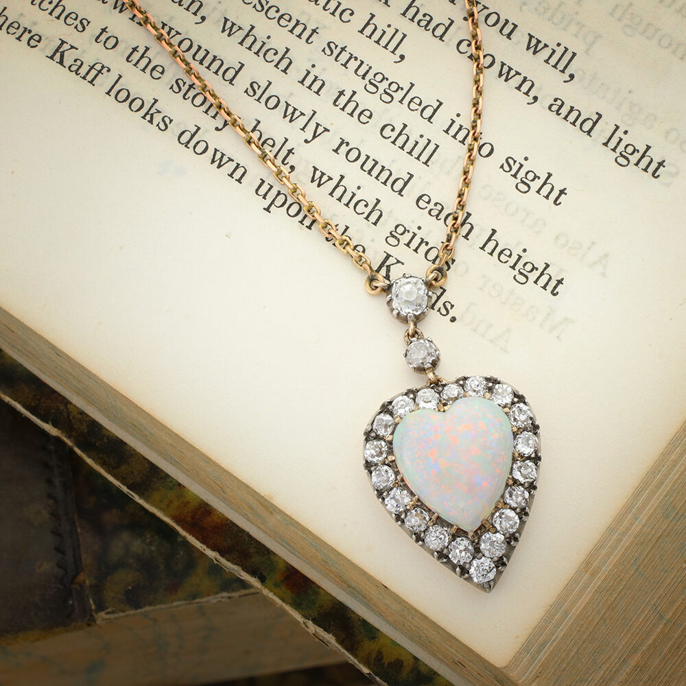 Antique Opal and Diamond Heart Pendant Necklace