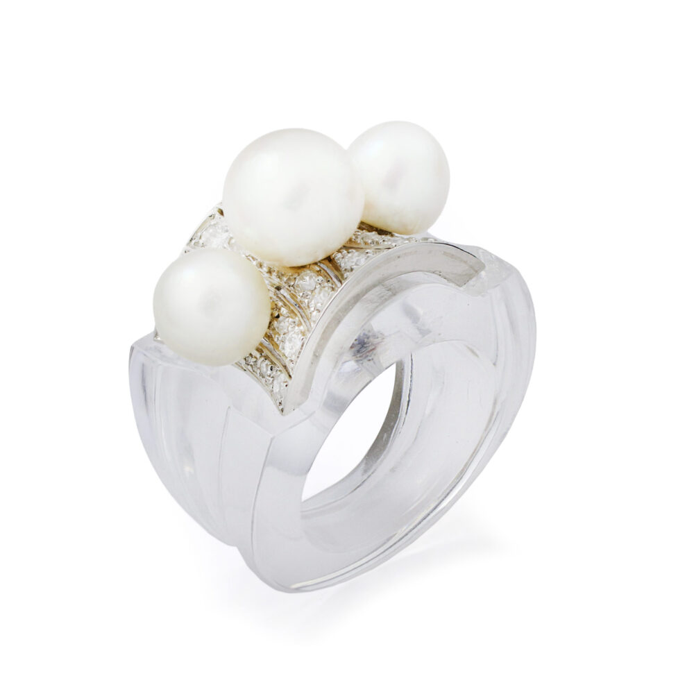 Art Deco Natural Pearl, Diamond and Rock Crystal Ring