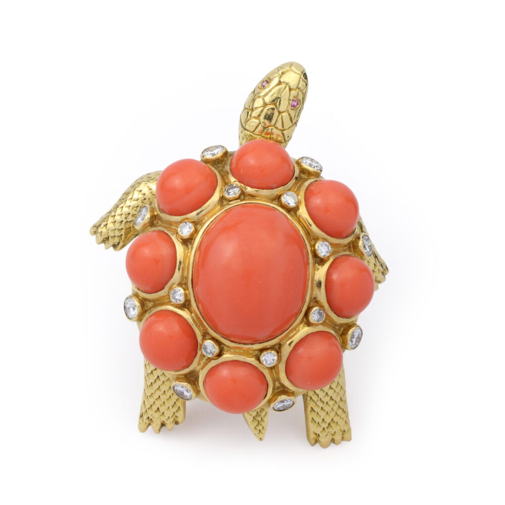 Bulgari Coral, Diamond and Gold Turtle Brooch