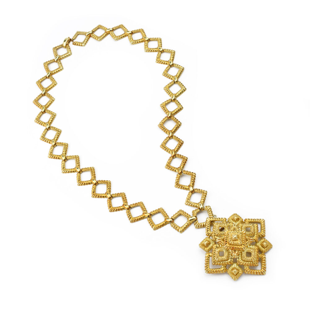 Van Cleef & Arpels Textured Gold Clip Brooch Pendant Necklace