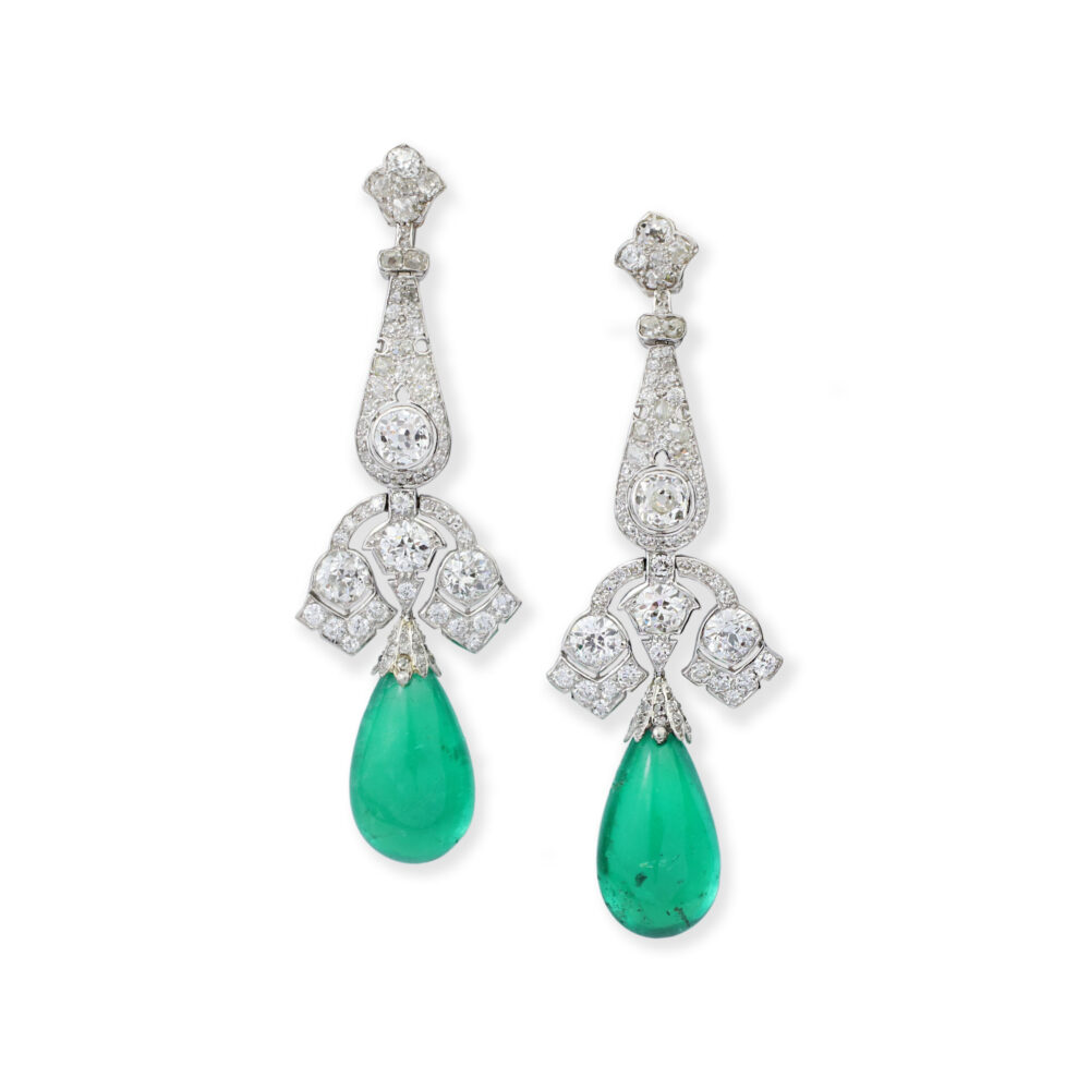 Cartier Art Deco Colombian Emerald and Diamond Ear Pendants
