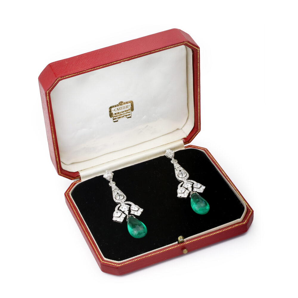Cartier Art Deco Colombian Emerald and Diamond Ear Pendants