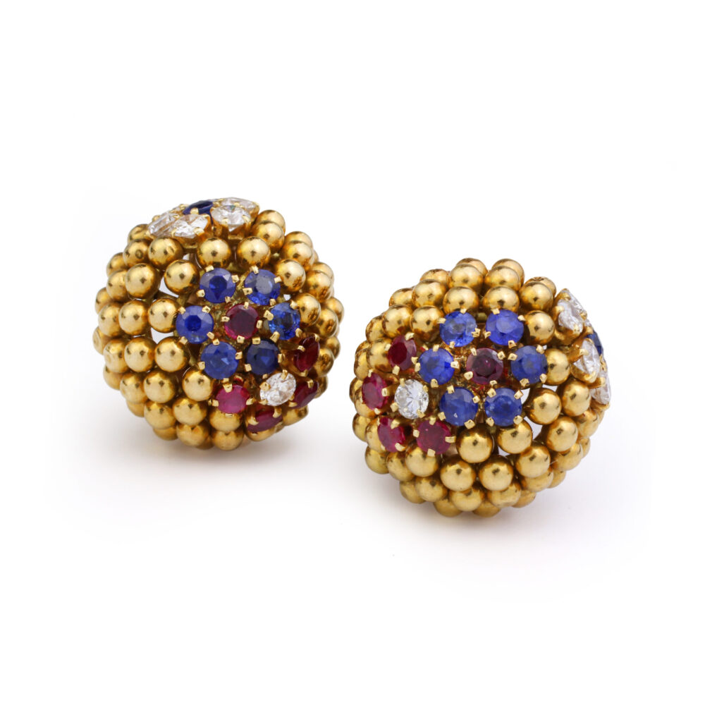 Van Cleef & Arpels 'Couscous' Ruby, Sapphire and Diamond Ear Clips