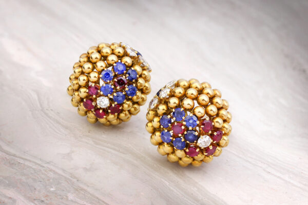 Van Cleef & Arpels ‘Couscous’ Ruby, Sapphire And Diamond Ear Clips