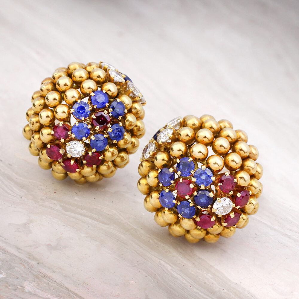 Van Cleef & Arpels 'Couscous' Ruby, Sapphire and Diamond Ear Clips