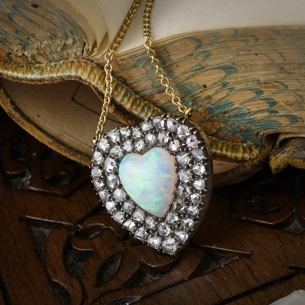 Opal and Diamond Heart Pendant Necklace