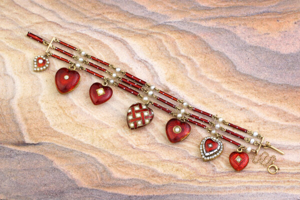 Antique Pearl And Enamel Heart Charm Bracelet