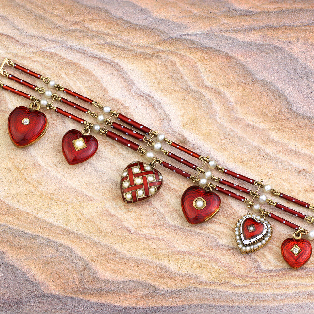 Antique Pearl and Enamel Heart Charm Bracelet