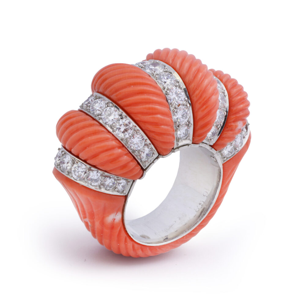 Cartier Carved Coral and Diamond Ring