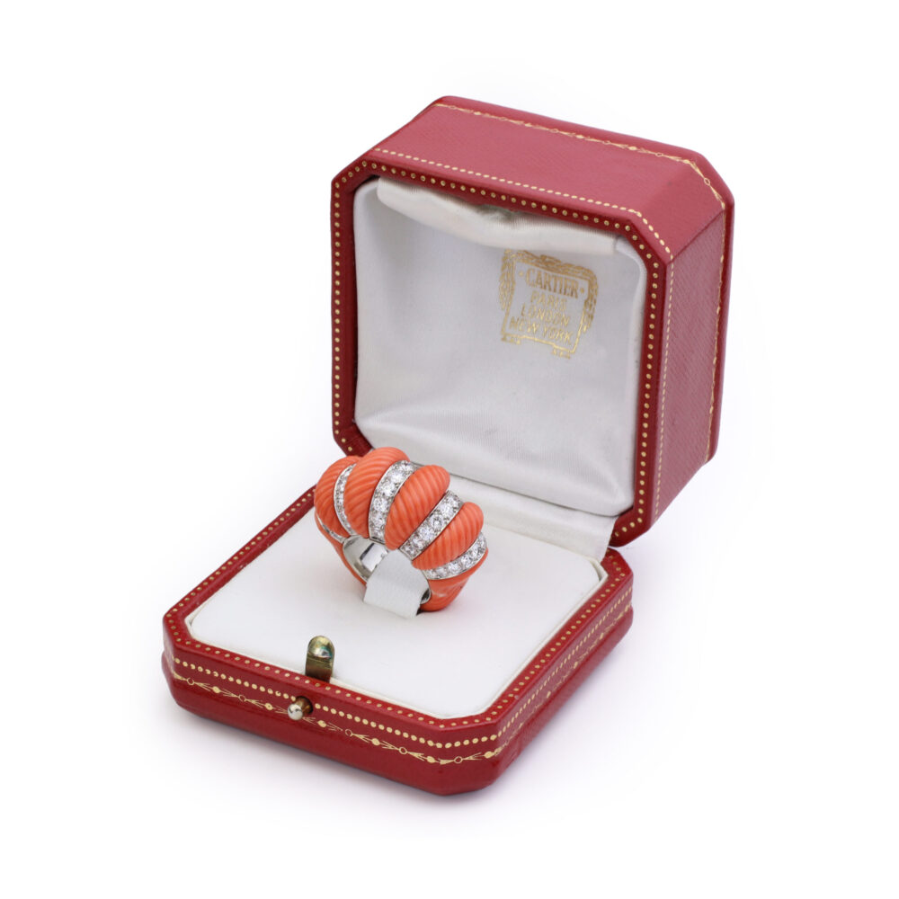 Cartier Carved Coral and Diamond Ring