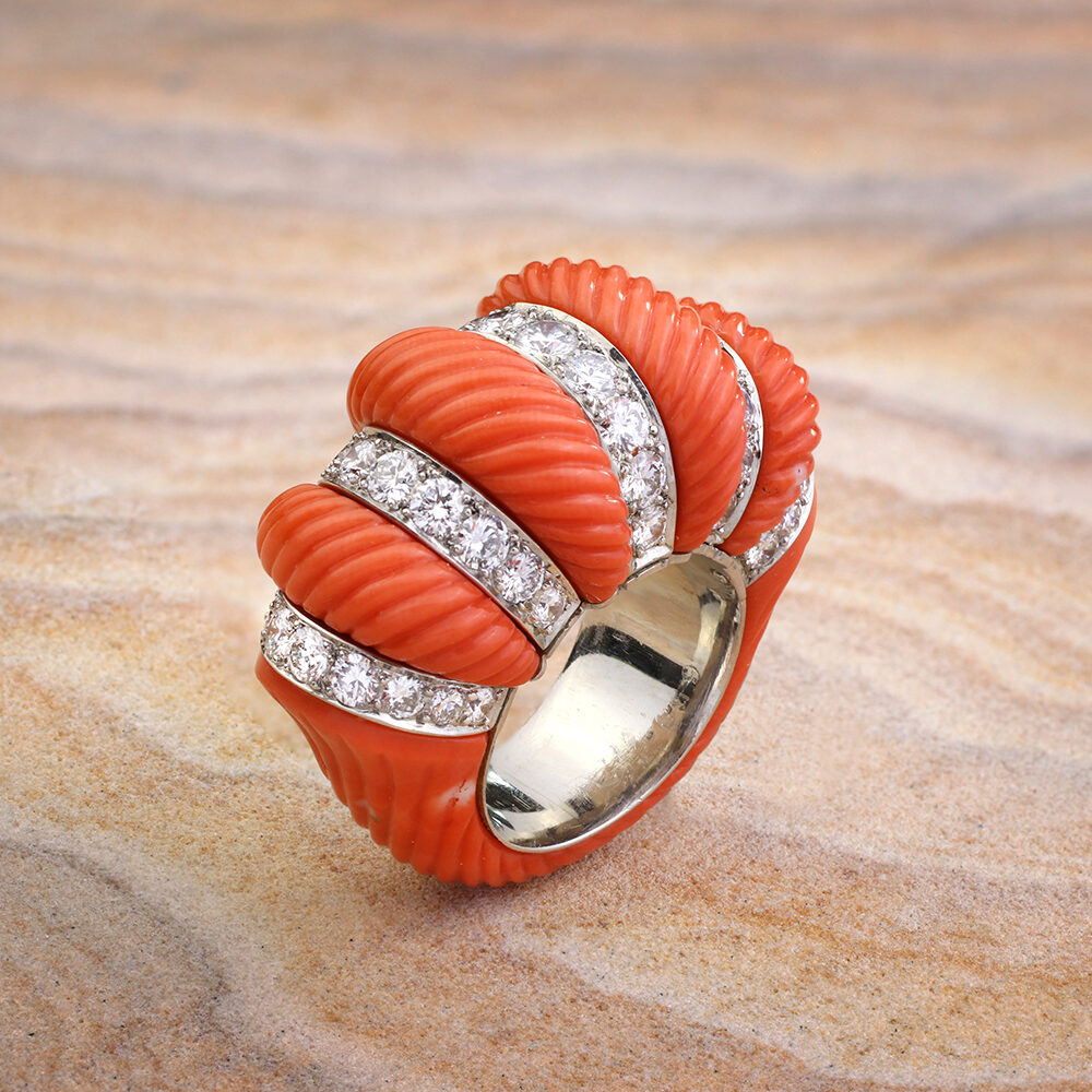 Cartier Carved Coral and Diamond Ring