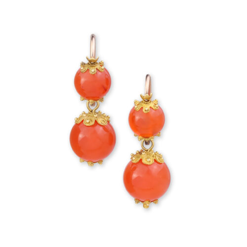 Antique Carnelian Bead and Gold Ear Pendants