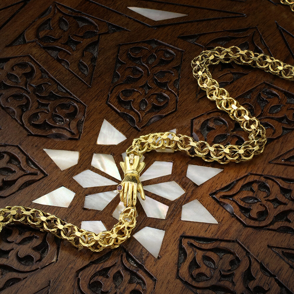 Antique Gold Chain Necklace with Figural Clasp