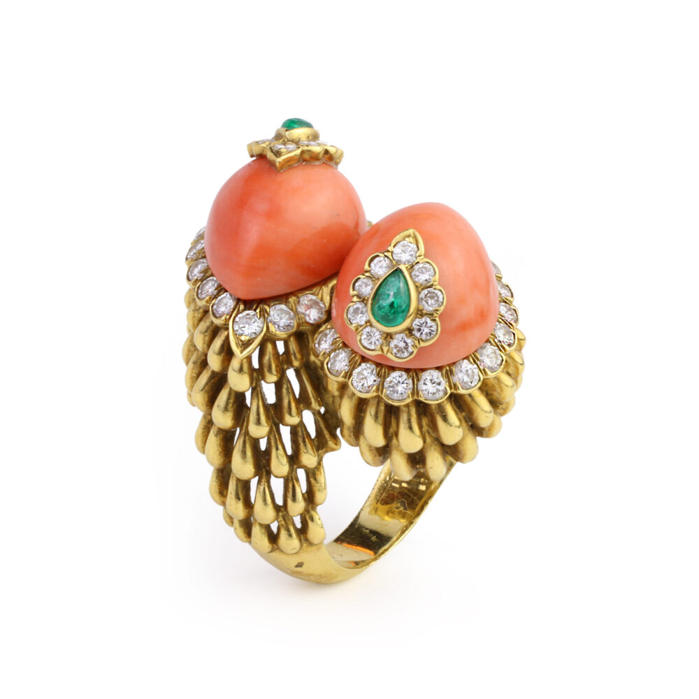 David Webb Coral, Emerald, and Diamond Bypass Ring