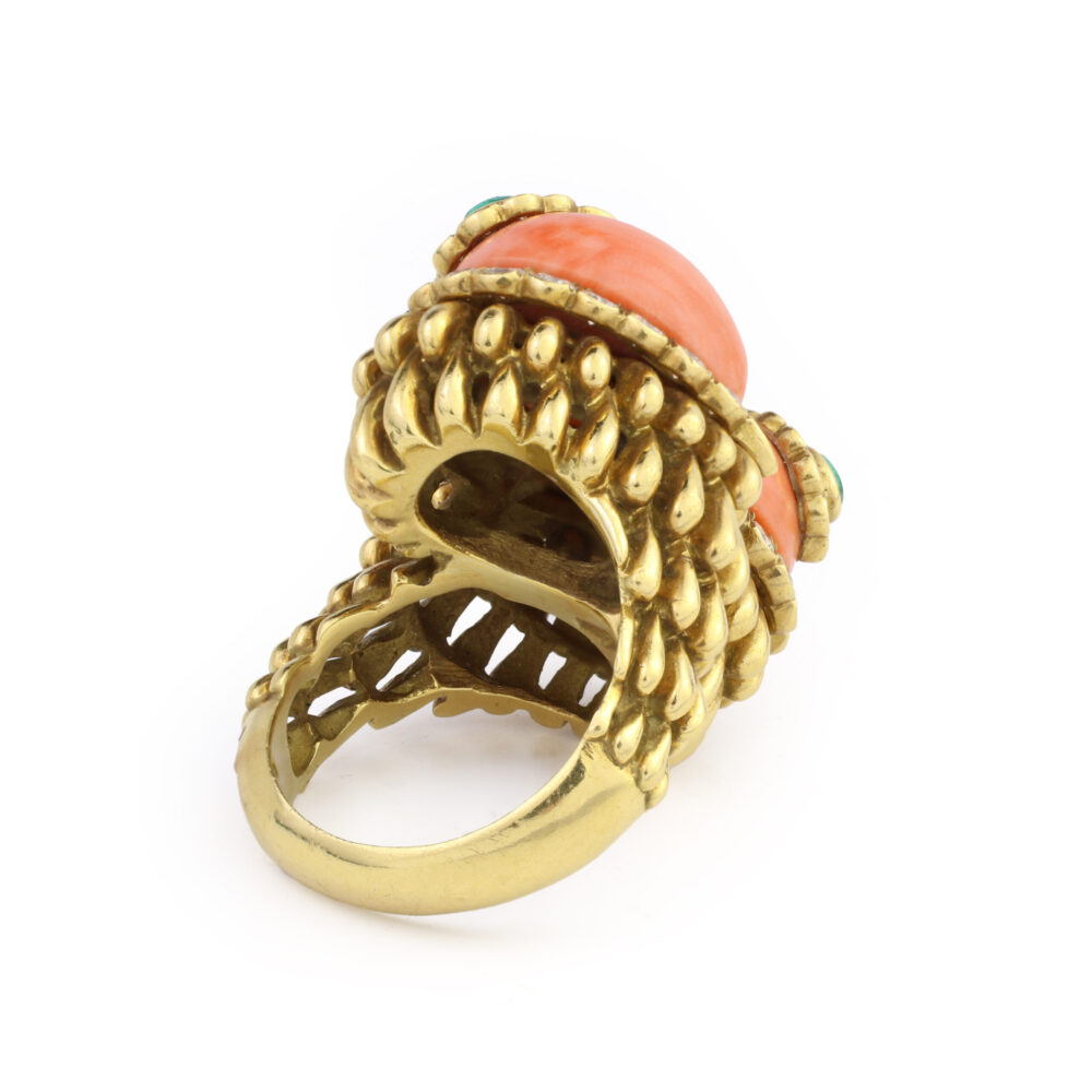 David Webb Coral, Emerald, and Diamond Bypass Ring