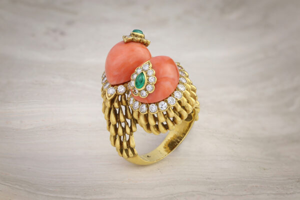 David Webb Coral, Emerald, And Diamond Bypass Ring