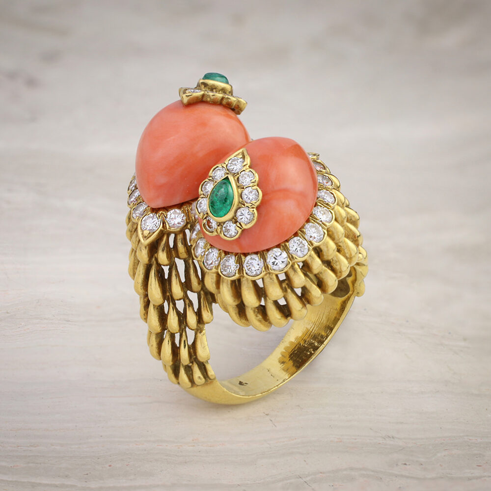 David Webb Coral, Emerald, and Diamond Bypass Ring