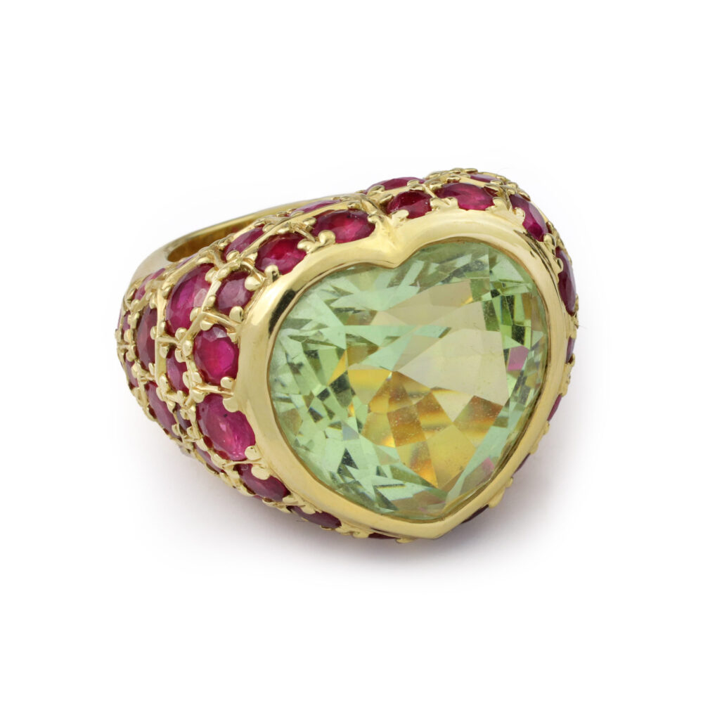 Belperron Heart Shaped Green Beryl and Ruby Ring