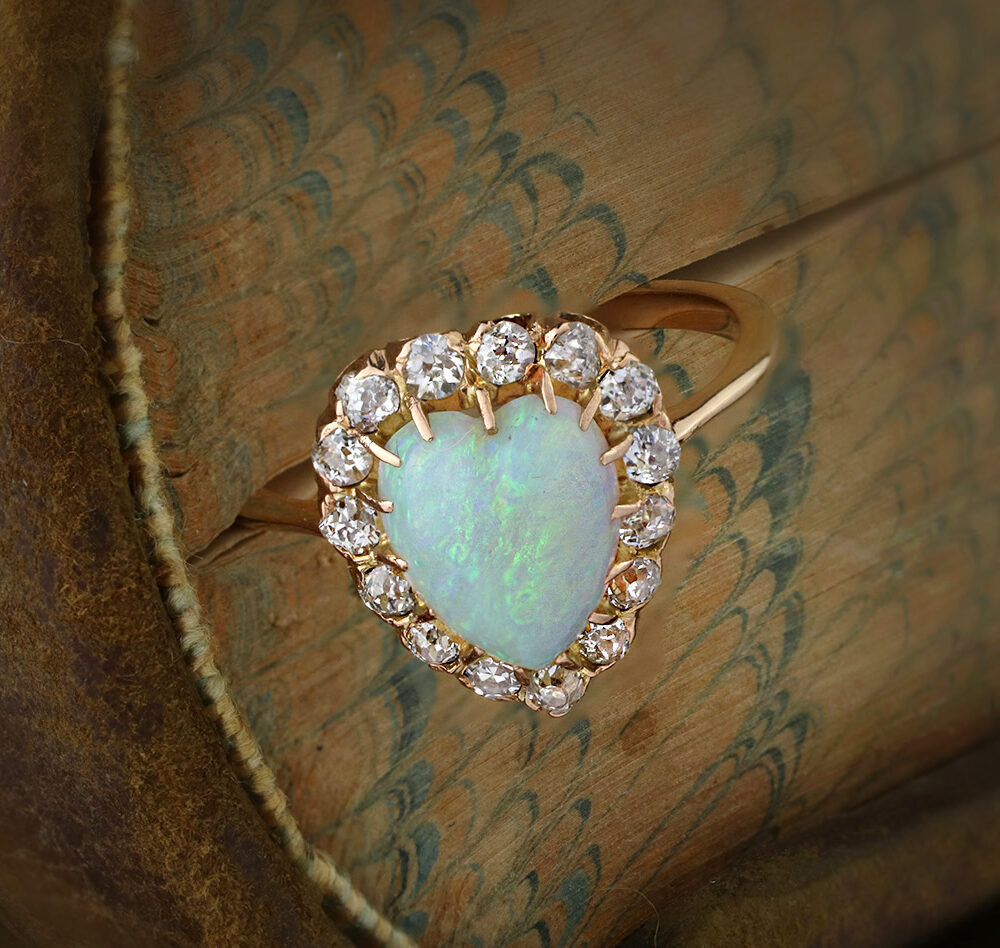 Antique Heart Shaped Opal and Diamond Ring