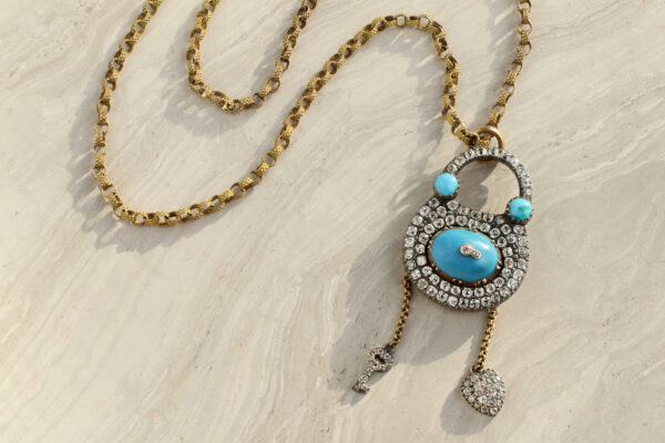 Antique Diamond And Turquoise Padlock Locket Pendant Necklace