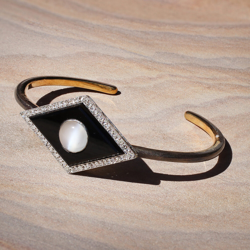 Moonstone, Onyx and Diamond Bangle Bracelet