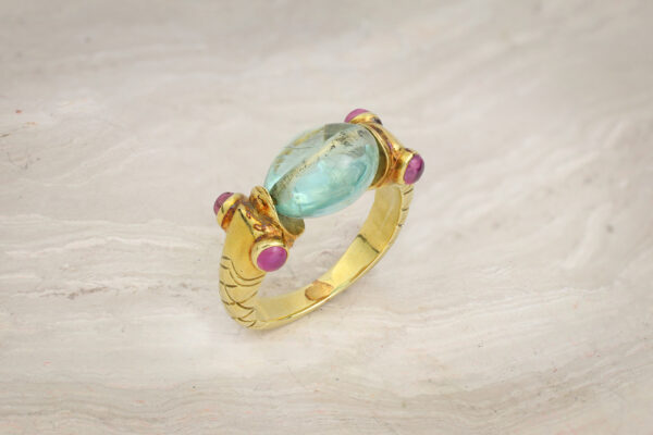 Aquamarine Bead And Sculpted Gold Twin Snake Ring